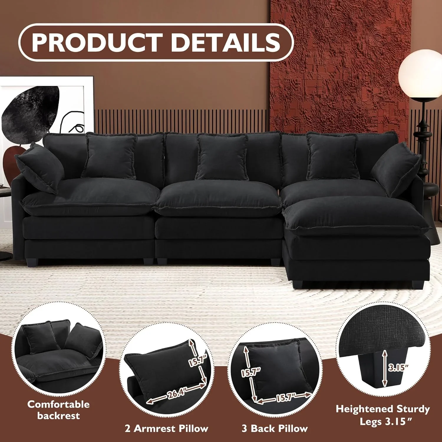 111.4 Inch L Shaped Modern Sofa Modular Cloud Sofa with Ottoman 4 Seater Chenille Deep Seat Sofa