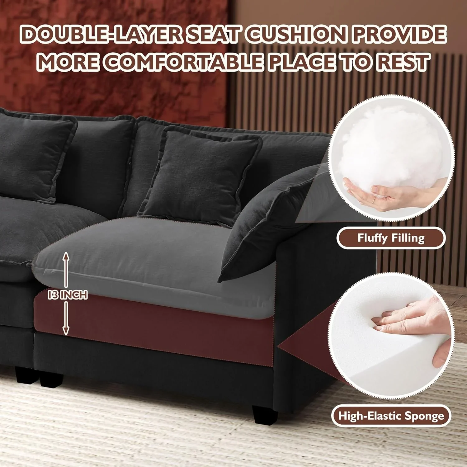 111.4 Inch L Shaped Modern Sofa Modular Cloud Sofa with Ottoman 4 Seater Chenille Deep Seat Sofa