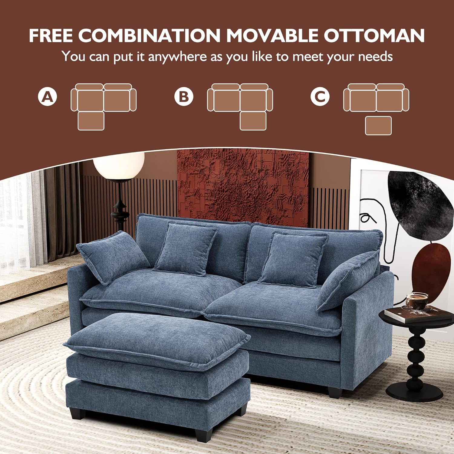 111.4 Inch L Shaped Modern Sofa Modular Cloud Sofa with Ottoman 4 Seater Chenille Deep Seat Sofa