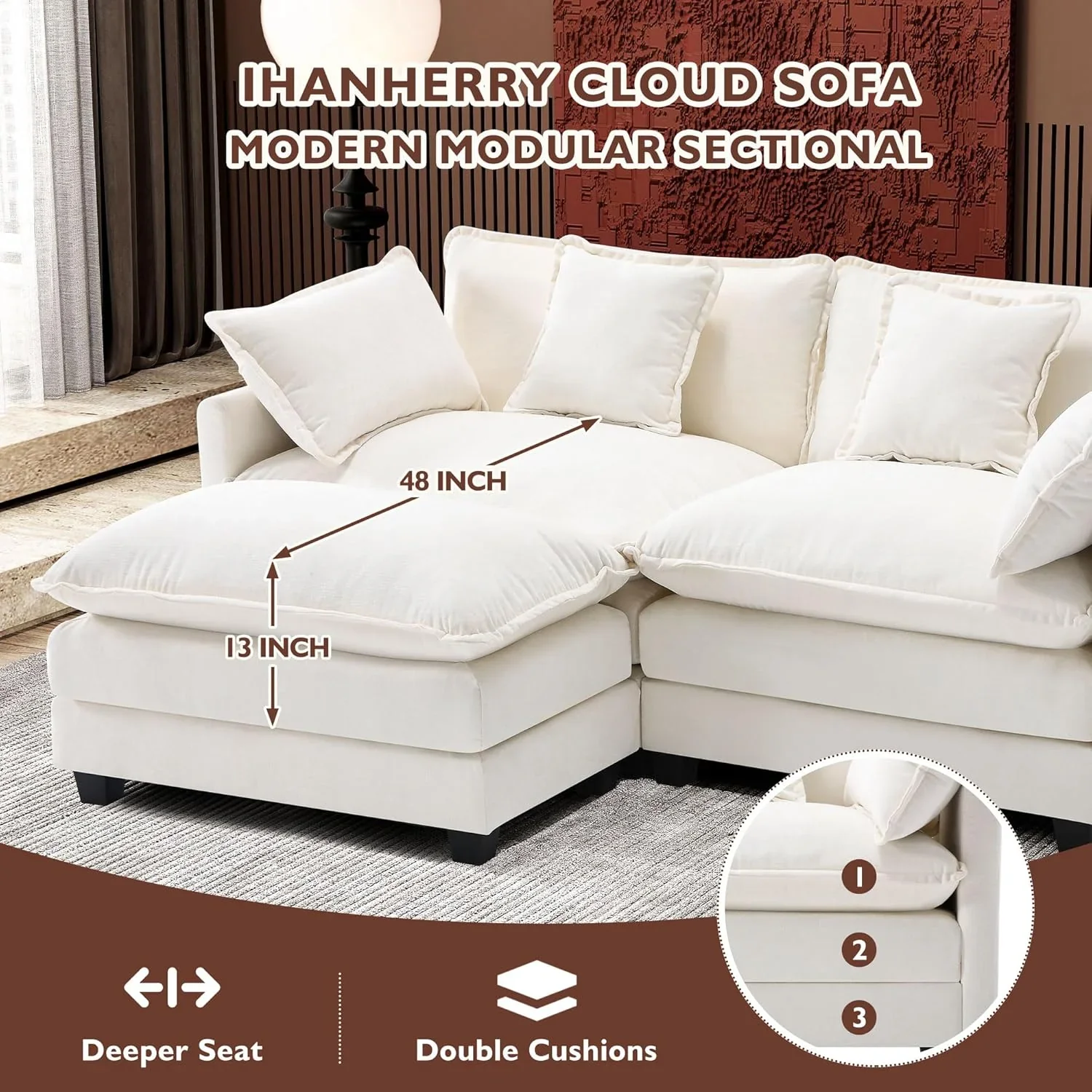 111.4 Inch L Shaped Modern Sofa Modular Cloud Sofa with Ottoman 4 Seater Chenille Deep Seat Sofa