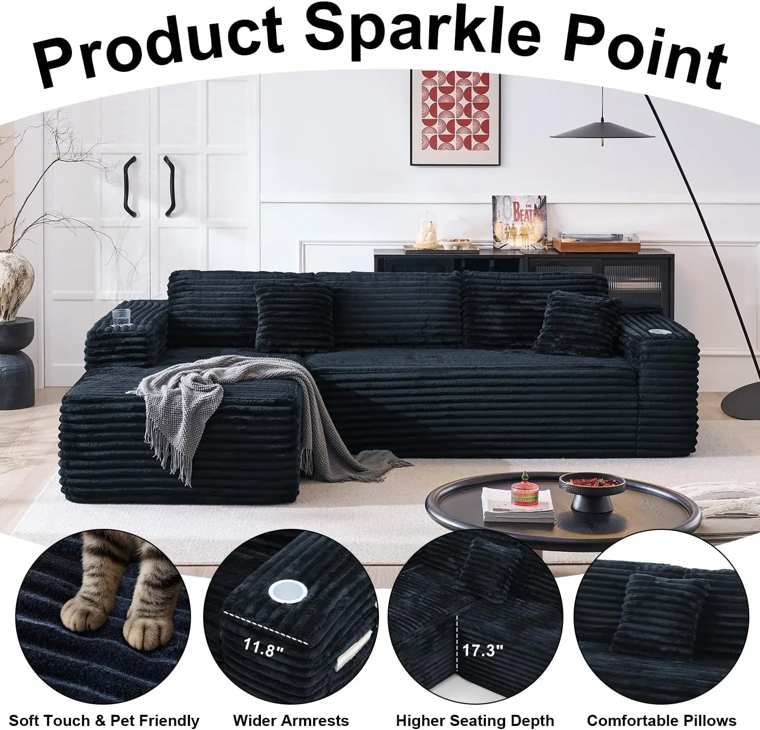 Cloud Sectional Couch with L Shape Chaise Modern Modular Sofa with Deep Seat Built in Cup Holder