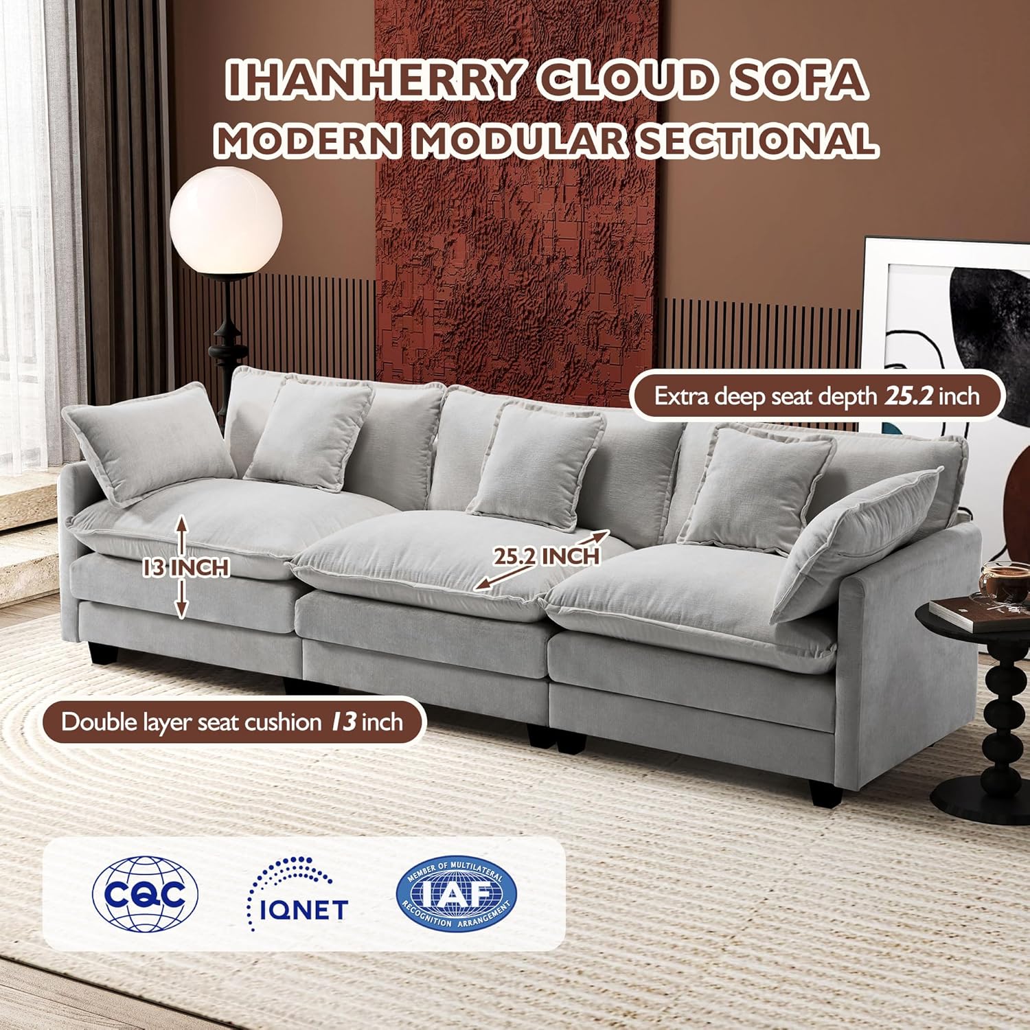 111.4 Inch L Shaped Modern Sofa Modular Cloud Sofa with Ottoman 4 Seater Chenille Deep Seat Sofa