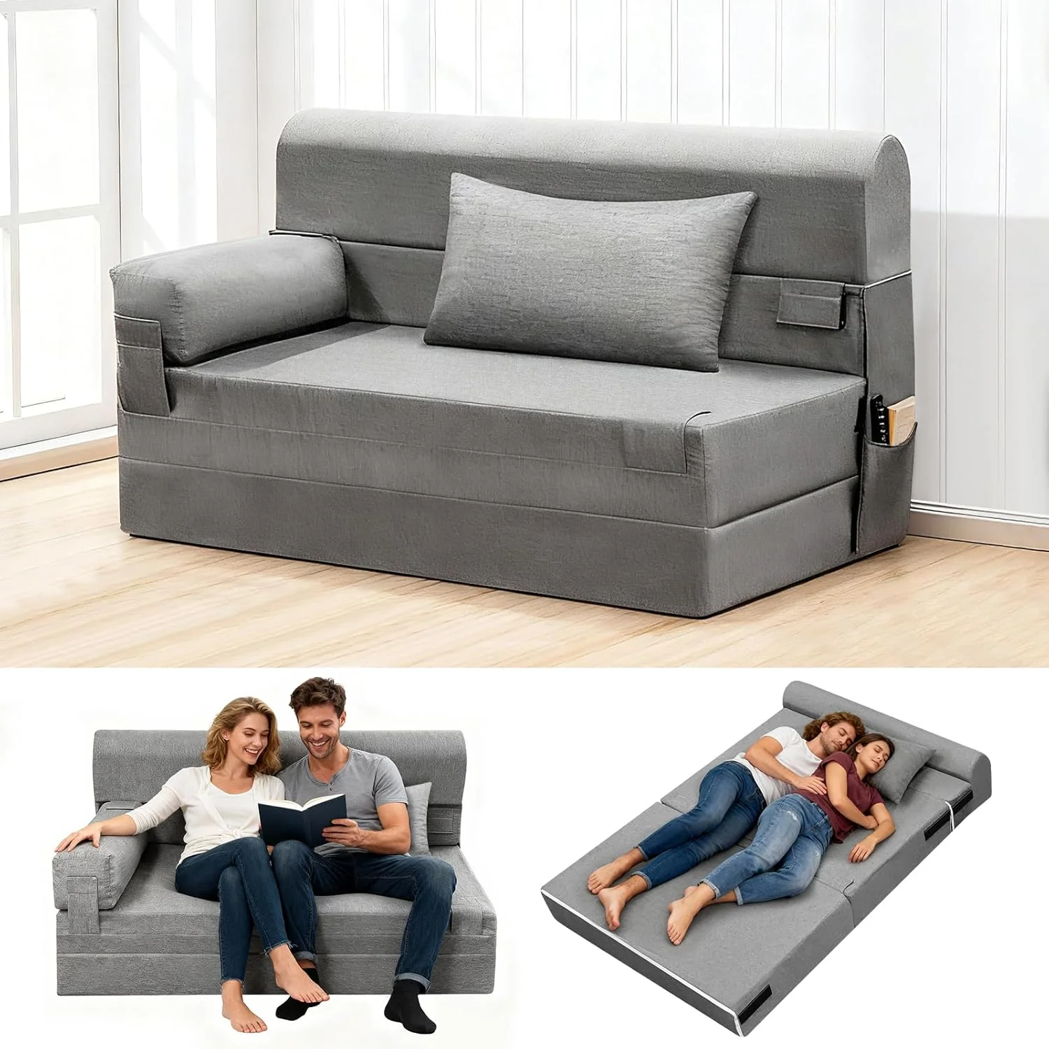 Folding Sofa Bed Convertible Sleeper Chair with Pillow Modern Linen Fabric Comfy Floor