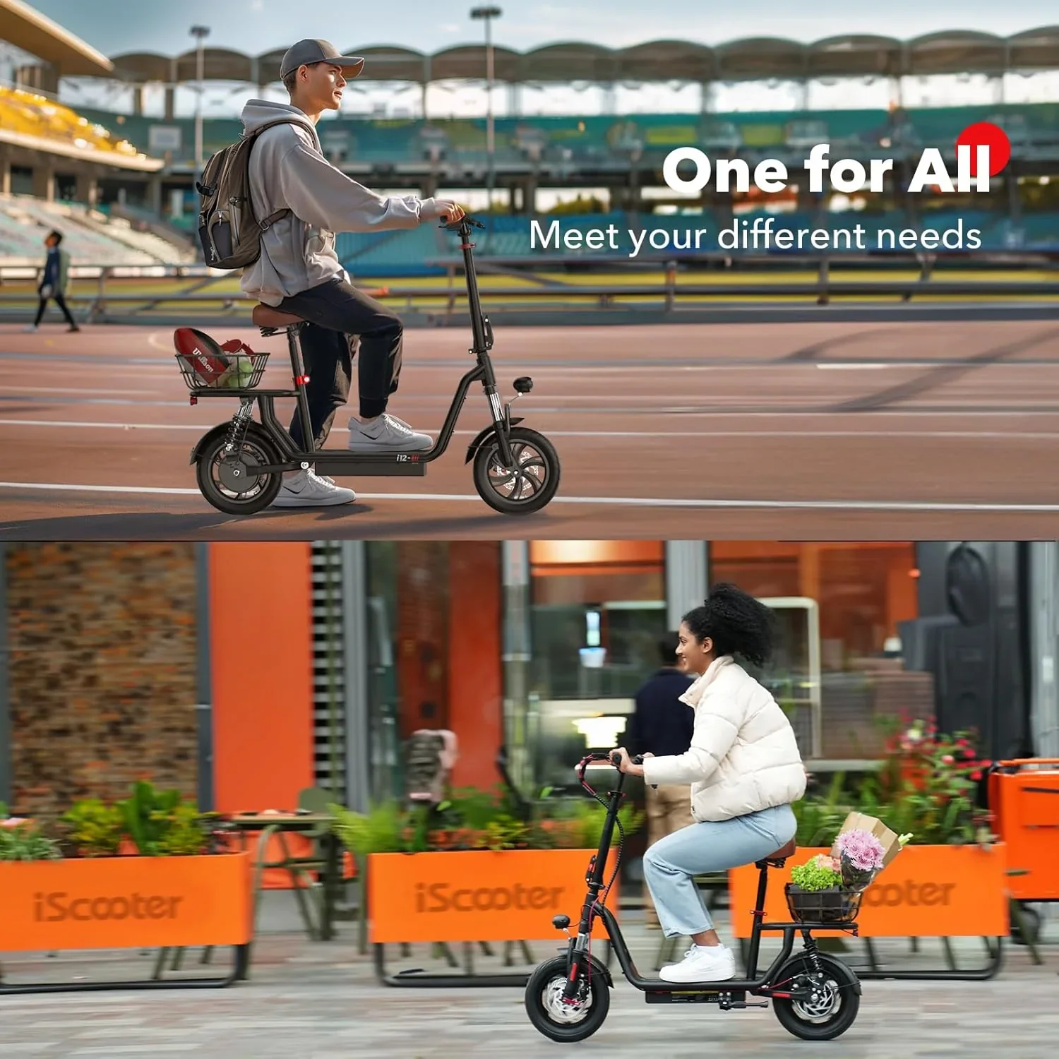 iScooter electric scooter with seat 28/19/15.6 mph top speed dual suspension scooter