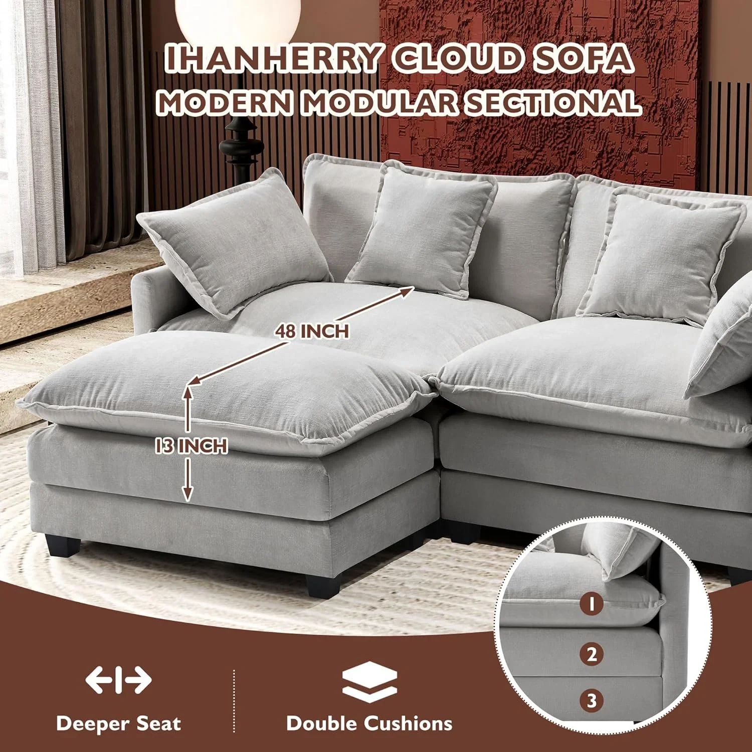 111.4 Inch L Shaped Modern Sofa Modular Cloud Sofa with Ottoman 4 Seater Chenille Deep Seat Sofa