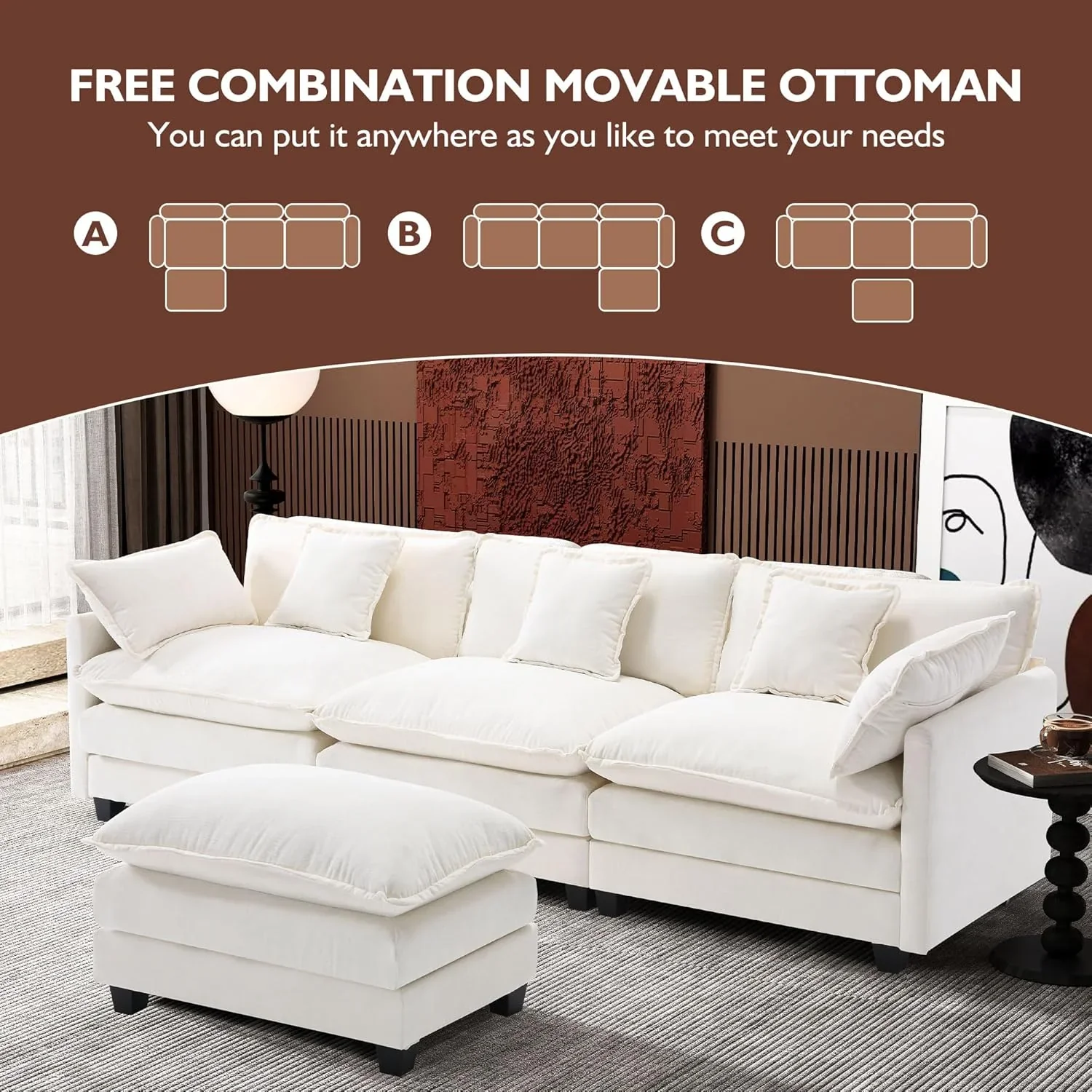 111.4 Inch L Shaped Modern Sofa Modular Cloud Sofa with Ottoman 4 Seater Chenille Deep Seat Sofa