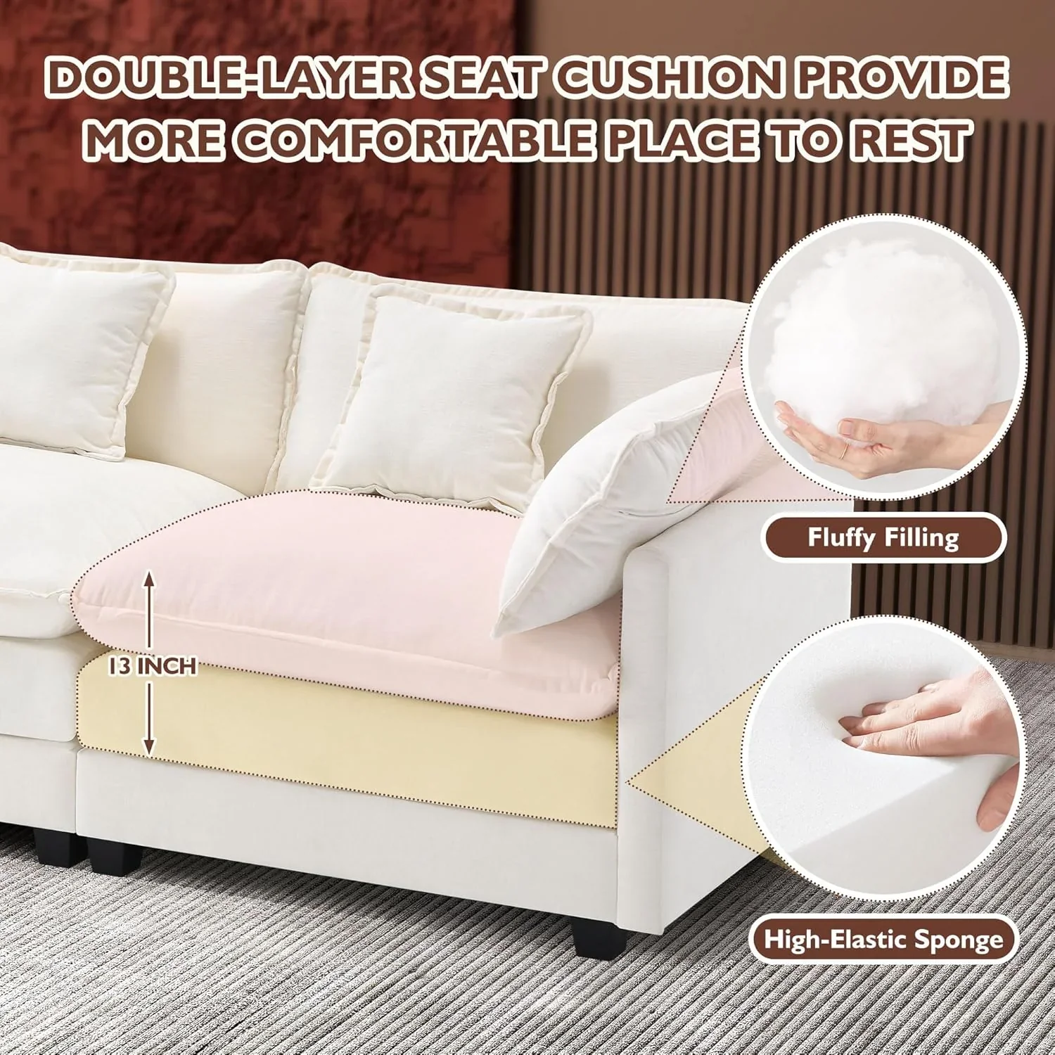 111.4 Inch L Shaped Modern Sofa Modular Cloud Sofa with Ottoman 4 Seater Chenille Deep Seat Sofa