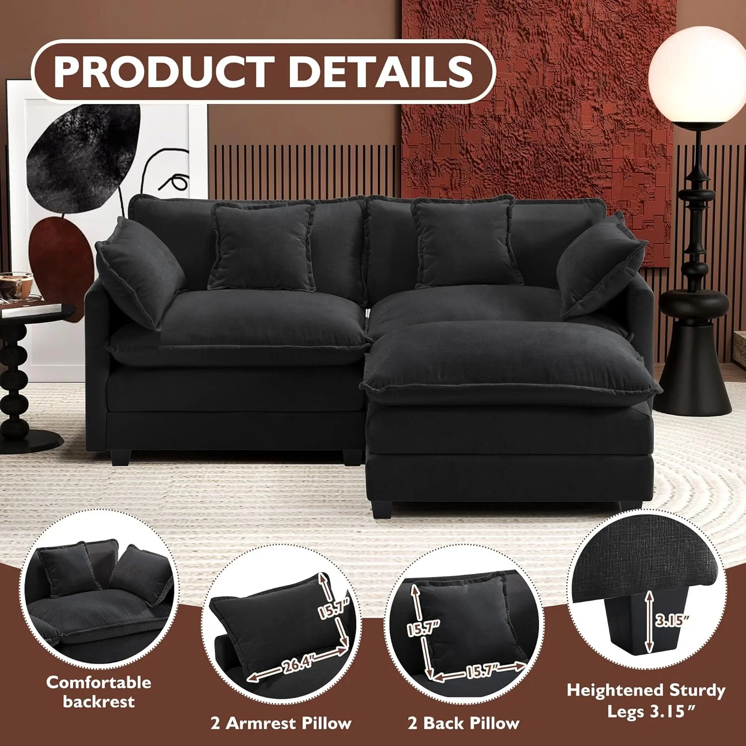 111.4 Inch L Shaped Modern Sofa Modular Cloud Sofa with Ottoman 4 Seater Chenille Deep Seat Sofa