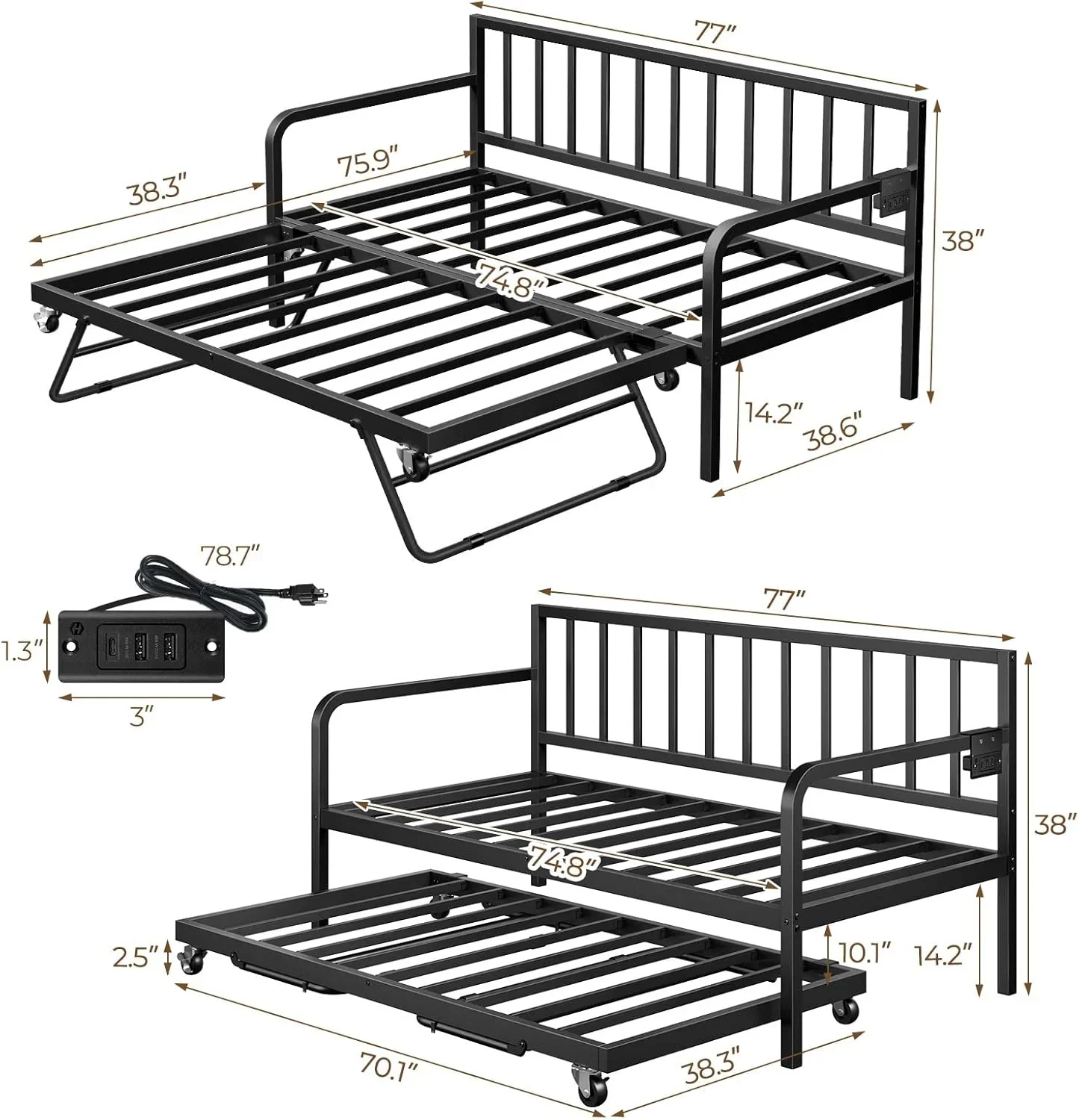 Rolanstar Daybed with Charging Station and LED Lights Height Adjustable Twin Daybed