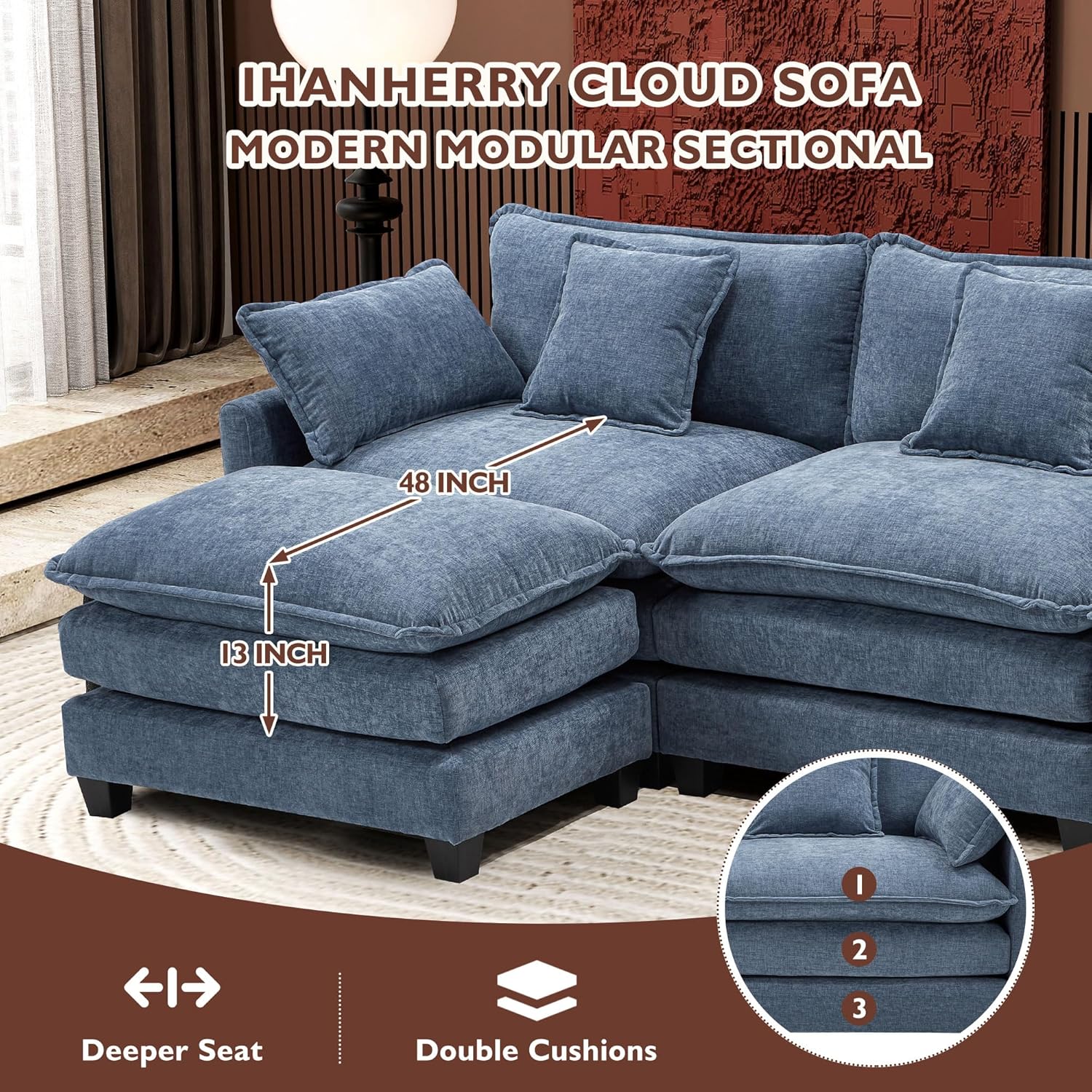 111.4 Inch L Shaped Modern Sofa Modular Cloud Sofa with Ottoman 4 Seater Chenille Deep Seat Sofa