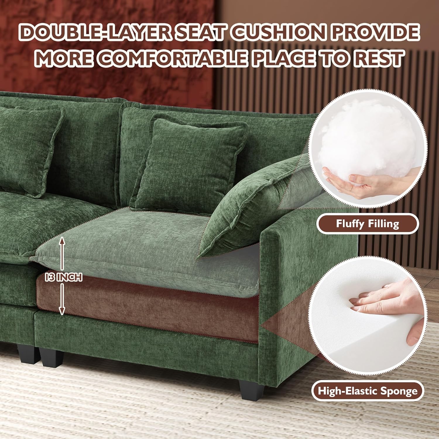 111.4 Inch L Shaped Modern Sofa Modular Cloud Sofa with Ottoman 4 Seater Chenille Deep Seat Sofa