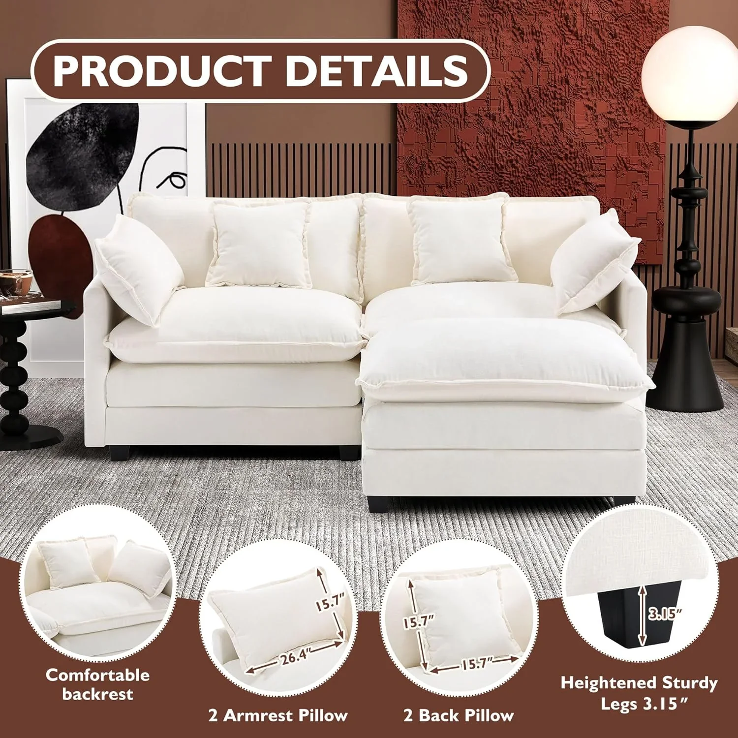 111.4 Inch L Shaped Modern Sofa Modular Cloud Sofa with Ottoman 4 Seater Chenille Deep Seat Sofa