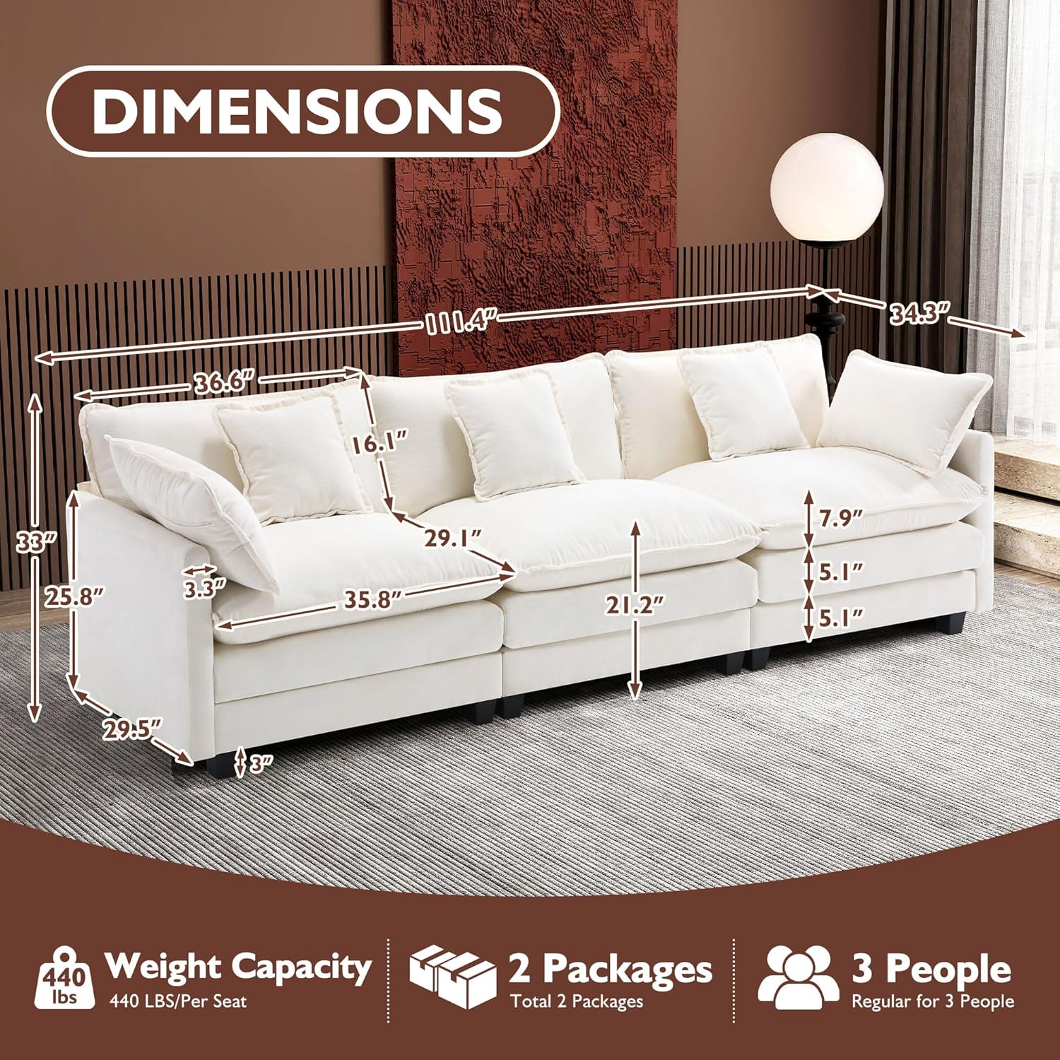 111.4 Inch L Shaped Modern Sofa Modular Cloud Sofa with Ottoman 4 Seater Chenille Deep Seat Sofa