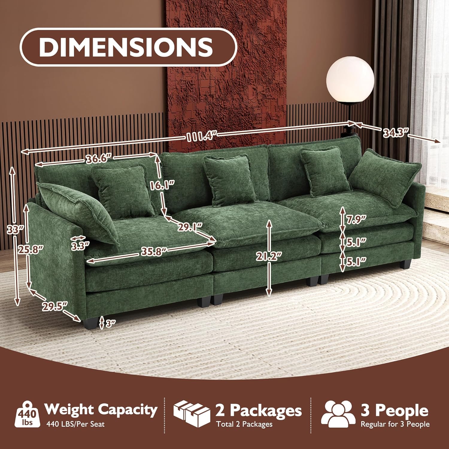111.4 Inch L Shaped Modern Sofa Modular Cloud Sofa with Ottoman 4 Seater Chenille Deep Seat Sofa