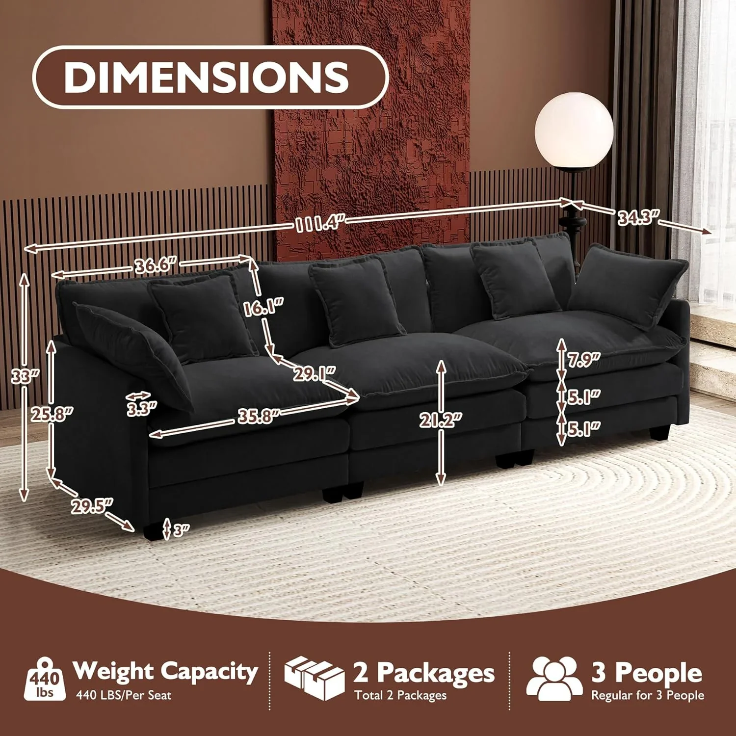 111.4 Inch L Shaped Modern Sofa Modular Cloud Sofa with Ottoman 4 Seater Chenille Deep Seat Sofa