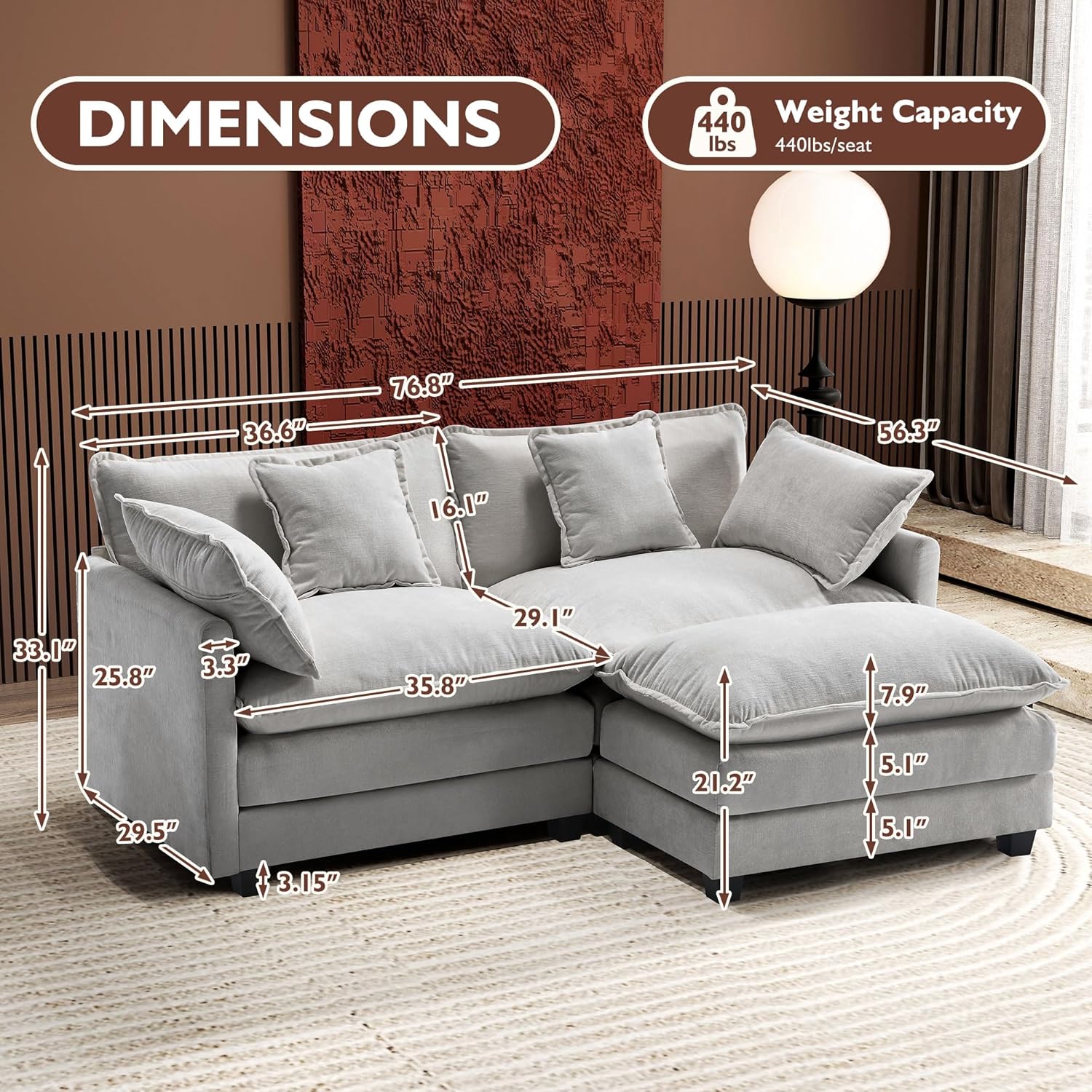 111.4 Inch L Shaped Modern Sofa Modular Cloud Sofa with Ottoman 4 Seater Chenille Deep Seat Sofa