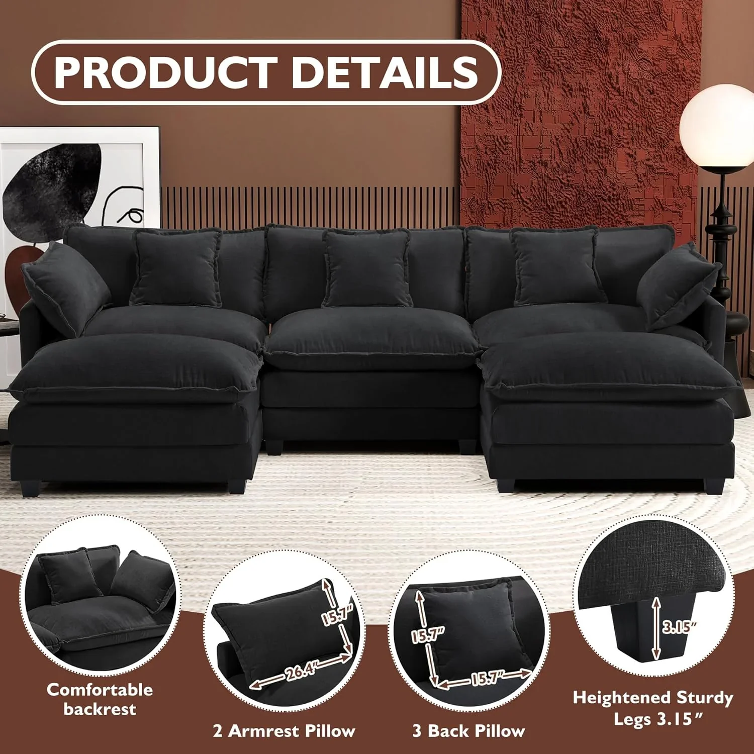 111.4 Inch L Shaped Modern Sofa Modular Cloud Sofa with Ottoman 4 Seater Chenille Deep Seat Sofa
