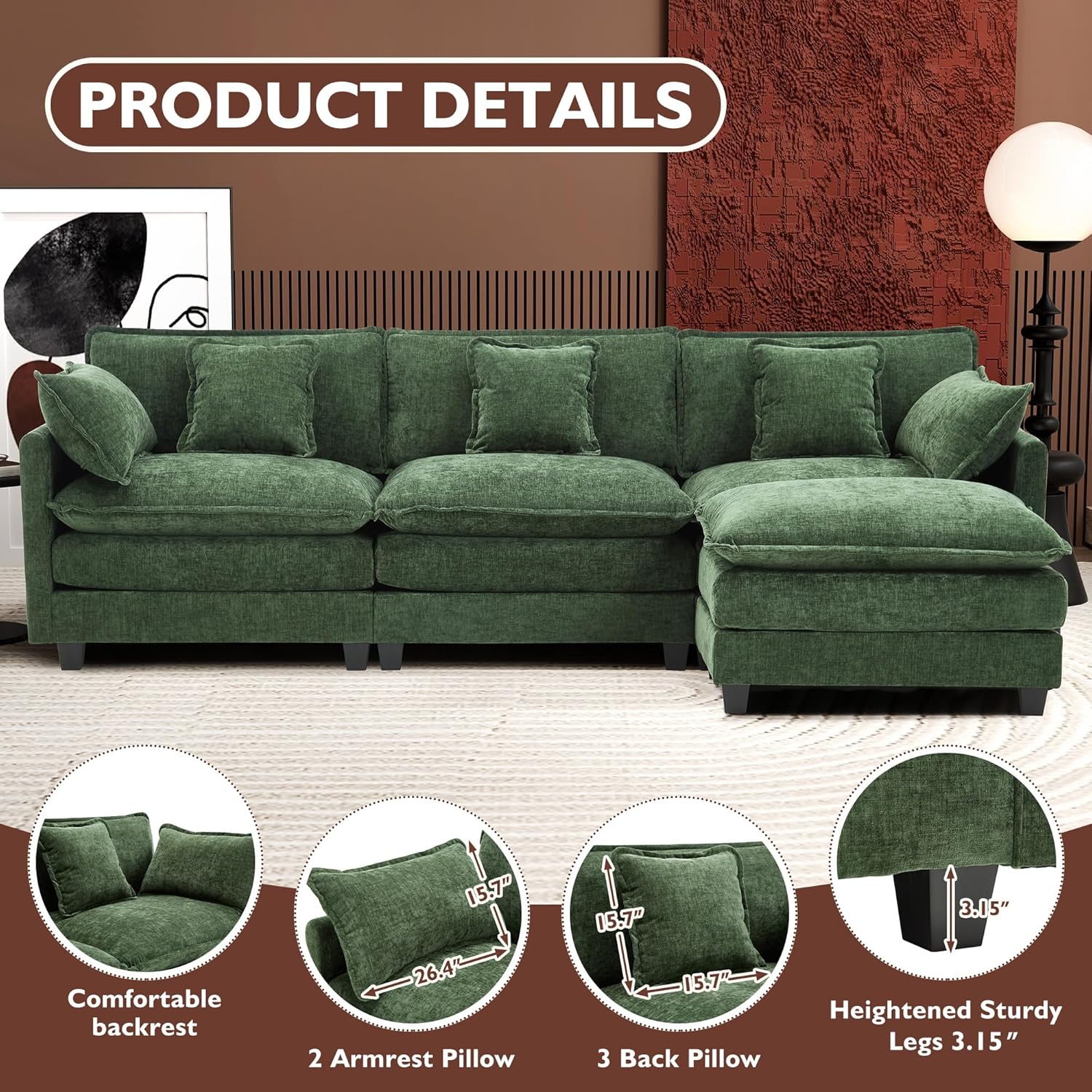 111.4 Inch L Shaped Modern Sofa Modular Cloud Sofa with Ottoman 4 Seater Chenille Deep Seat Sofa